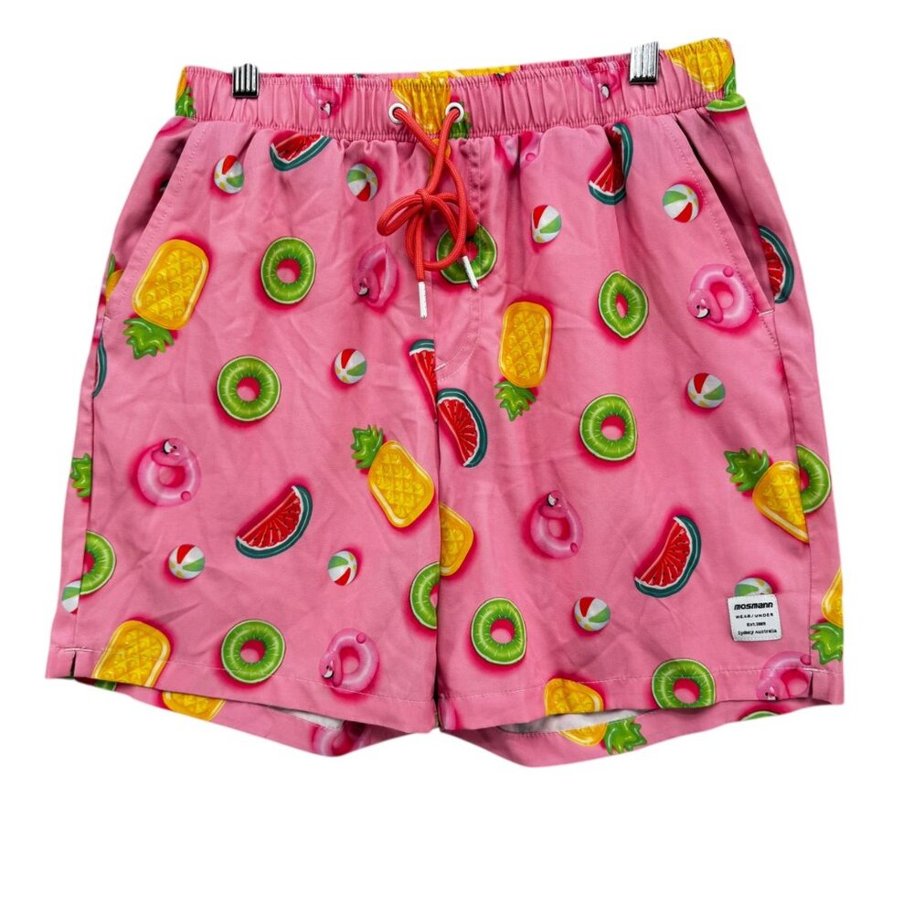 Mosmann Australia Swim Trunks Mens Pink Fruit Print Swimsuit 6" Size S